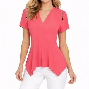 CHAUS Coral Zipper Shoulder Top Asymmetrical Hem Stretch Blouse Womens L - NWOT